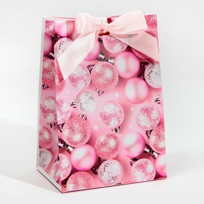 Пакет подарочный с лентой «Розовые шары», 13 × 19 × 9 см