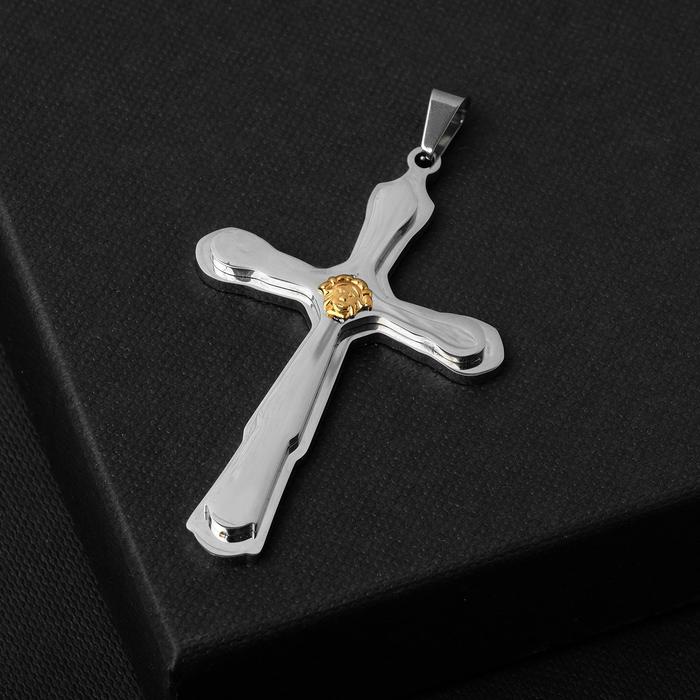 Подвеска "Крест" стальной, плоский, цвет серебряно-золотой, L=6,5 см - фото 7490621