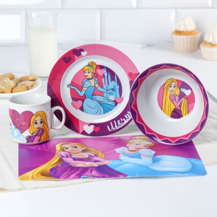 Набор посуды «Мечтай!», 4 предмета: кружка 200 мл, миска d=14 см, тарелка d=16,5 см, коврик в подарочной упаковке Принцессы Дисней