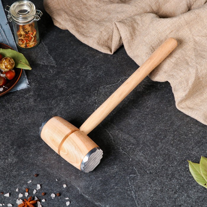 Молоток для отбивания мяса "Премиум" с металлическими накладками, 30 см, массив бука - фото 798801305