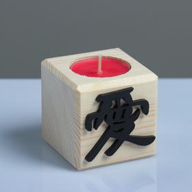 Candle in a wooden candlestick "Cube, Hieroglyphs. Love" the scent of cherry blossoms
