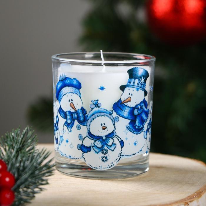 Свеча в стекле новогодняя "Семейство Снеговиков, гжель", 7.8×7 см - фото 9267756