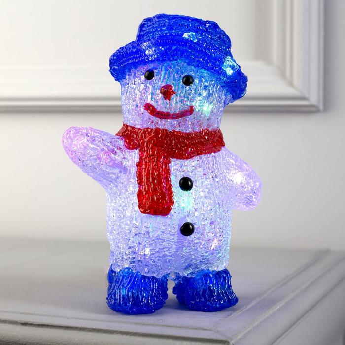 Фигура акрил. "Снеговик в синей шляпе" 20х13х8 см, ААx2 (не в компл.), RGB