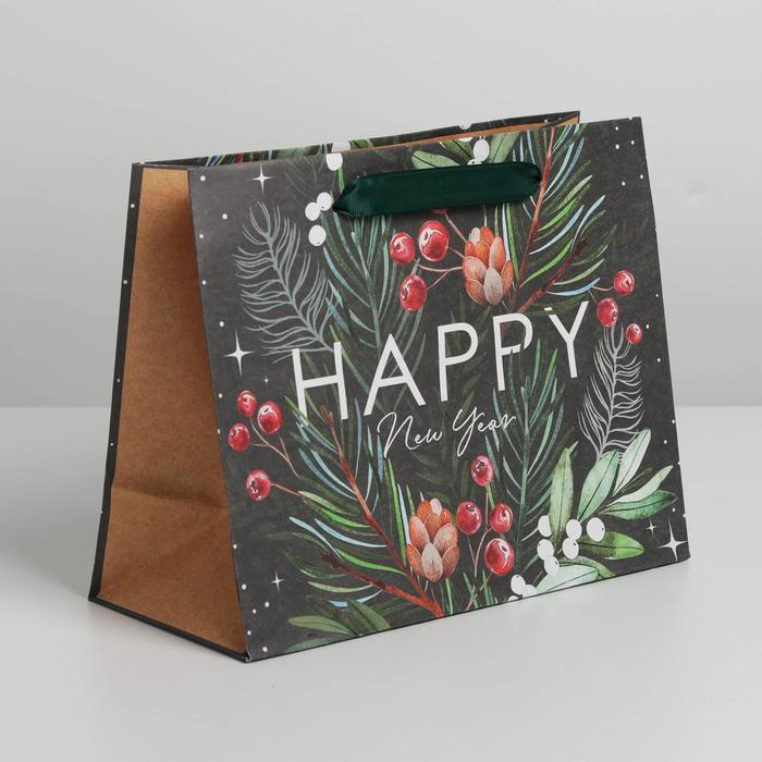 Пакет крафтовый горизонтальный «Happy New Year», MS 23 × 18 × 10 см - фото 993891