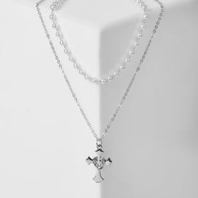Кулон "Цепь" нить из жемчуга, крест с сердцем, цвет белый в серебре, 35 см в Донецке
