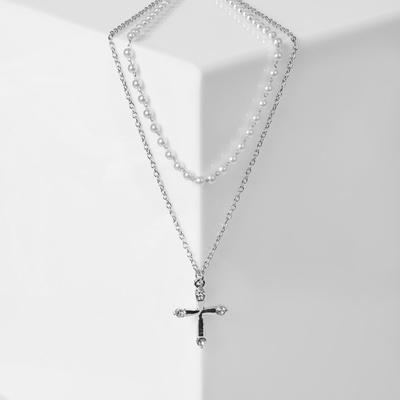 Pendant "Chain" string of pearls, cross with endings, color white in silver, 35 cm