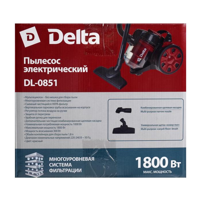 Пылесос DELTA DL-0851, 1800/300 Вт, 1.8 л, НЕРА-фильтр, красный 5404279 - фото 46520