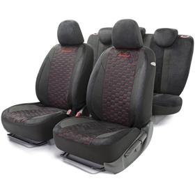 Авточехлы ALCANTARA алькантара с контрастной прострочкой, 5 мм поролон, 3D крой, 15 предметов, 5 подголовников, 2 кармана, 4 молнии, 4 торцевых клапана, AIRBAG черно-красный 5477260