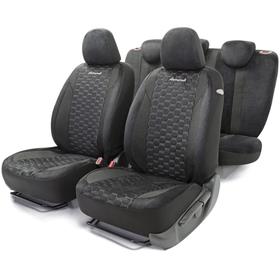 Авточехлы ALCANTARA алькантара с контрастной прострочкой, 5 мм поролон, 3D крой, 15 предметов, 5 подголовников, 2 кармана, 4 молнии, 4 торцевых клапана, AIRBAG черно-серый 5477261