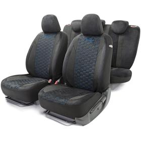 Авточехлы ALCANTARA алькантара с контрастной прострочкой, 5 мм поролон, 3D крой, 15 предметов, 5 подголовников, 2 кармана, 4 молнии, 4 торцевых клапана, AIRBAG черно-синий 5477262