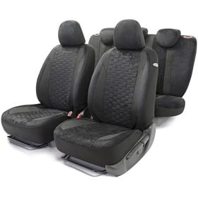 Авточехлы ALCANTARA алькантара с контрастной прострочкой, 5 мм поролон, 3D крой, 15 предметов, 5 подголовников, 2 кармана, 4 молнии, 4 торцевых клапана, AIRBAG чёрый 5477263
