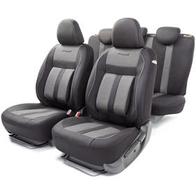 Авточехлы CUSHION COMFORT, материал эко-хлопок, 5 мм поролон, 3D крой, большой поясничный упор, 15 предметов, 5 подголовников, 2 кармана, 4 молнии, 4 торцевых клапана, AIRBAG черно-серый 5477273