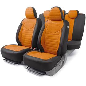 Авточехлы LINEN, материал лён крупного плетения, 5 мм поролон, 3D крой, 15 предметов, 5 подголовников, 2 кармана, 4 молнии, 4 торцевых клапана, AIRBAG черно-оранжевый 5477287