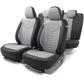 Авточехлы LINEN, материал лён крупного плетения, 5 мм поролон, 3D крой, 15 предметов, 5 подголовников, 2 кармана, 4 молнии, 4 торцевых клапана, AIRBAG черно-св.серый 5477288