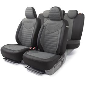 Авточехлы LINEN, материал лён крупного плетения, 5 мм поролон, 3D крой, 15 предметов, 5 подголовников, 2 кармана, 4 молнии, 4 торцевых клапана, AIRBAG черно-т.серый 5477289