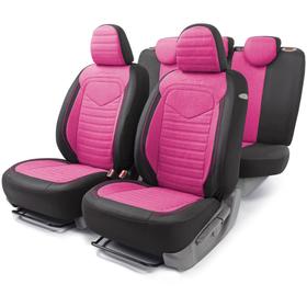 Авточехлы LINEN, материал лён крупного плетения, 5 мм поролон, 3D крой, 15 предметов, 5 подголовников, 2 кармана, 4 молнии, 4 торцевых клапана, AIRBAG черный/темно розовый 5477290