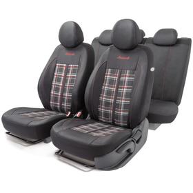 Авточехлы Polo GTi, материал жаккард, 2 мм поролон, 3D крой, 11 предметов, валики для быстрой фиксации переднего ряда, 5 подголовников, 2 молнии, AIRBAG черный/серый/красный 5477299