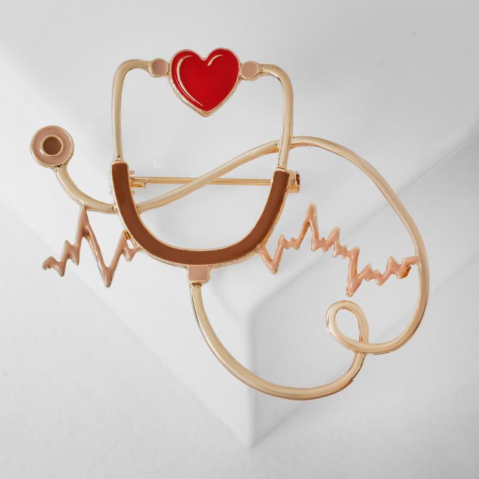 Брошь "Стетоскоп" кардиограмма, цвет красно-коричневый в золоте - фото 3248231