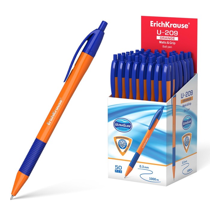 Ручка шариковая автоматическая ErichKrause U-209 Orange Matic&Grip 1.0, Ultra Glide Technology, чернила синие - фото 126981810