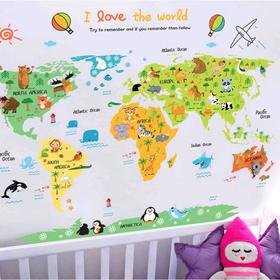 Наклейка пластик интерьерная цветная "Карта мира - животные" 60х90 см