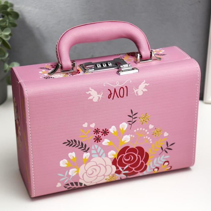 Шкатулка кожзам для украшений чемодан "Нарисованные цветы" 9,5х24х16,5 см - фото 8725923