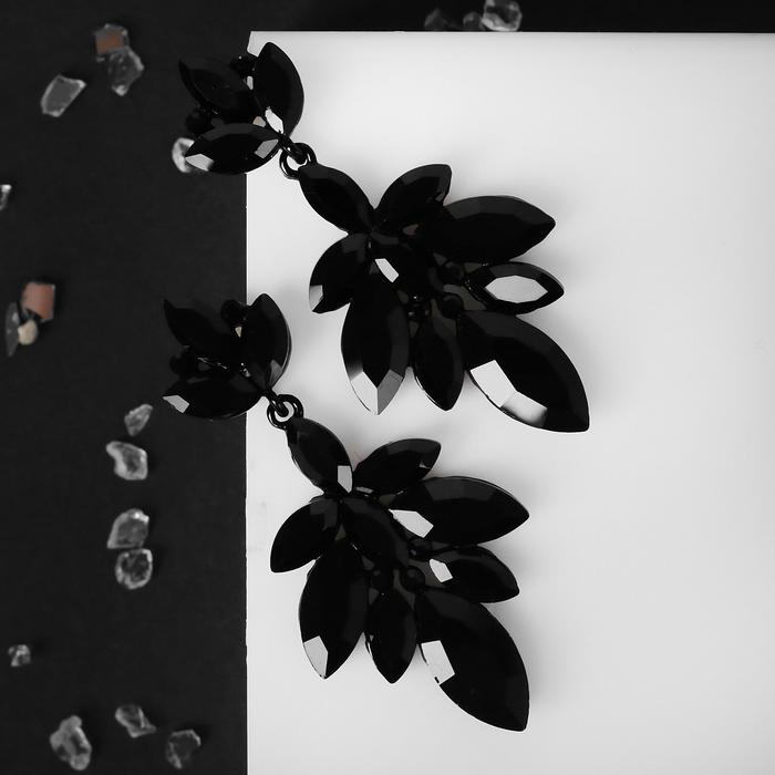 Серьги со стразами "Карнавал" листочки, цвет чёрный - фото 3276803