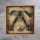 Souvenir in a frame, four muskets and the ship on the world map Souvenir in a frame, four muskets and the ship on the world map