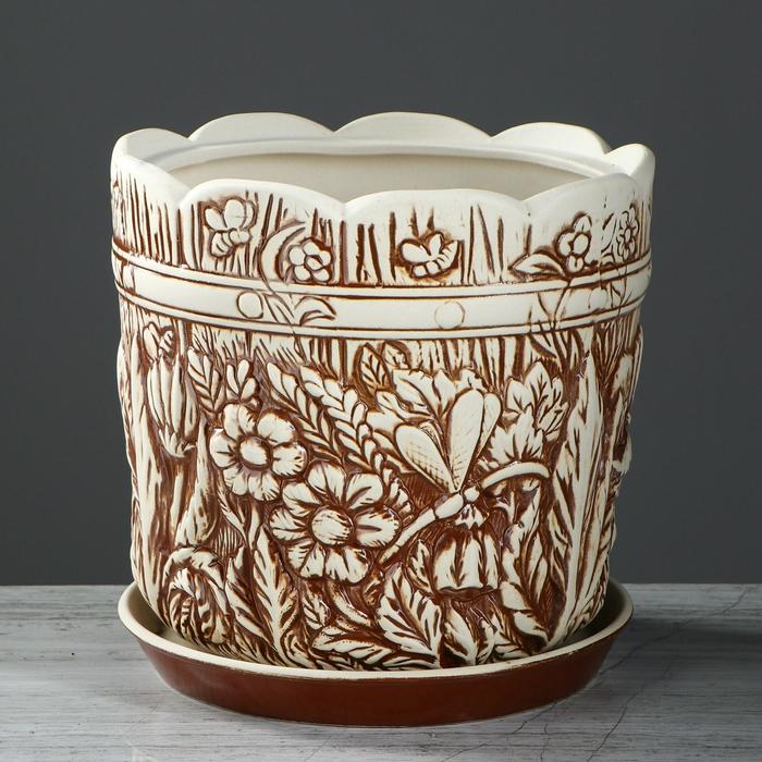 Цветочный горшок "Поляна", коричнево-белый, керамика, 6 л - фото 31474