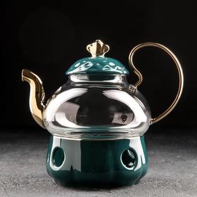 Чайник заварочный «Элегия», 600 мл, с металлическим ситом и подставкой для подогрева, цвет изумруд/золото