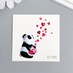 Татуировка на тело цветная "Панда с баночкой с сердцами" 6х6 см (10 шт)