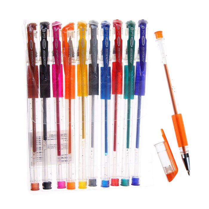 Набор гелевых ручек, 10 цветов, металлик, с блёстками, с резиновым держателем - фото 57443