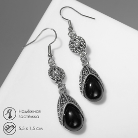 Earrings with rhinestones "Drop" the elegance, color black, nielloed silver