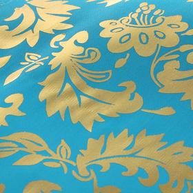 Ткань атлас золотой узор на голубом