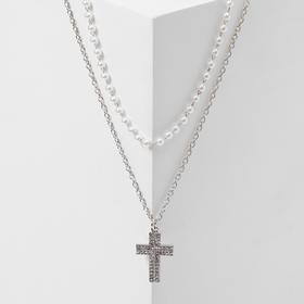 Кулон "Цепь" нить из жемчуга, крест широкий, цвет белый в серебре, L=43 в Донецке