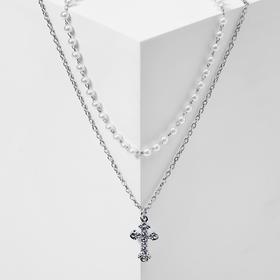 Кулон "Цепь" нить из жемчуга, крест фигурный, цвет белый в серебре, L=42 в Донецке