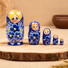 Матрёшка 5-ти кукольная "Нина" синяя , 13см, ручная роспись.