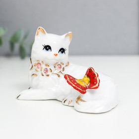 Сувенир керамика "Котёнок с бабочкой со стразами" белый с золотом 11,2 см