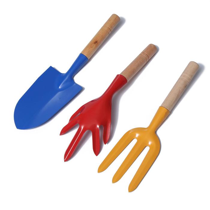 Набор садового инструмента, 3 предмета: совок, рыхлитель, вилка, длина 28 см, деревянные ручки - фото 31905