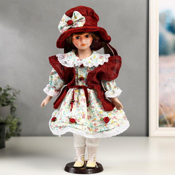 Кукла коллекционная керамика "Вероника в цветочном платье и красном пальто" 40 см - фото 257012