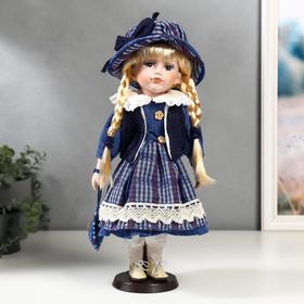 Кукла коллекционная керамика "Маруся в синем платье в клетку" 40 см