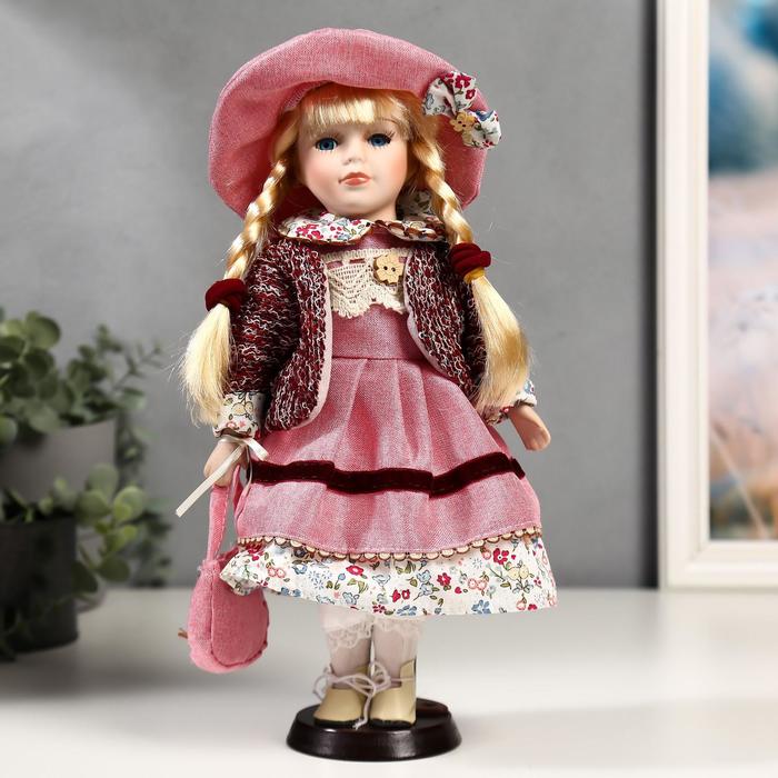 Кукла коллекционная керамика "Алёна в розовом платье и бордовом джемпере" 30 см - фото 257205