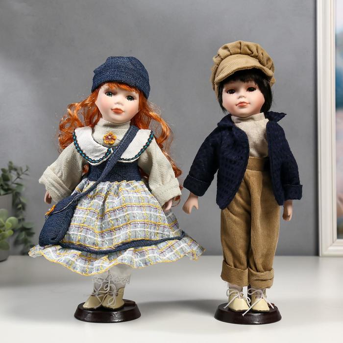 Кукла коллекционная парочка набор 2 шт "Злата и Сева в синих нарядах в полосочку" 30 см - фото 257330