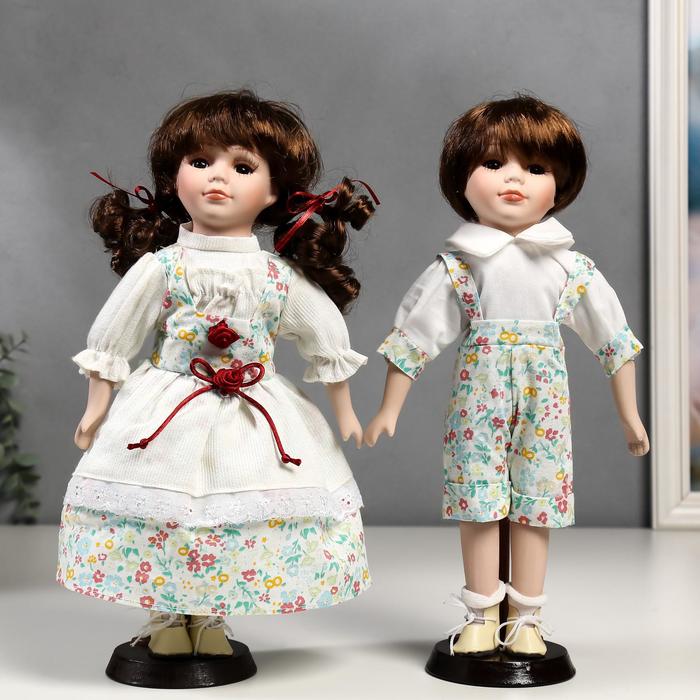 Кукла коллекционная парочка набор 2 шт "Стася и Егор в нарядах в цветочек" 30 см - фото 257340