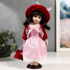 Кукла коллекционная керамика "Таисия в розовом платье и красном кардигане" 30 см