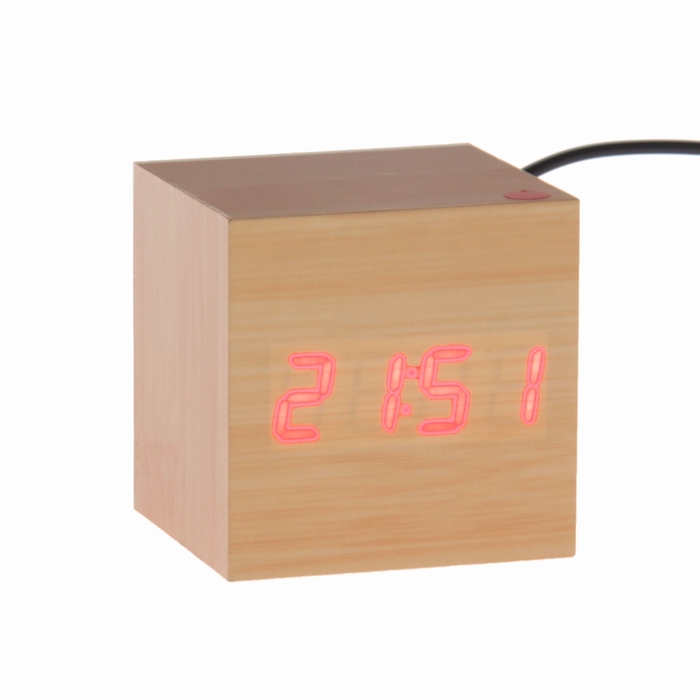 Часы-будильник &quot;Деревянный кубик&quot; с термометром, 4*ААА или USB ( в комплекте) 49637