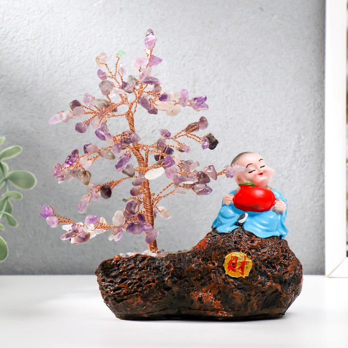 Сувенир бонсай 147 камней "Хотей с яблоком у дерева с аметистами" 18х13х6 см - фото 4855633