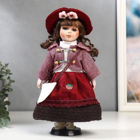 Кукла коллекционная керамика "Брюнетка с кудрями, в розовом пиджаке и бордовой юбке" 30 см в Донецке
