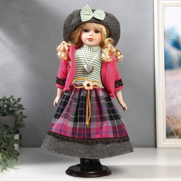 Кукла коллекционная керамика "Блондинка с кудрями, розовый пиджак и клетка" 40 см - фото 260093