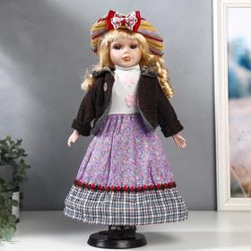 Кукла коллекционная керамика "Блондинка с кудрями, сиреневая юбка, шляпка полоски" 40 см в Донецке