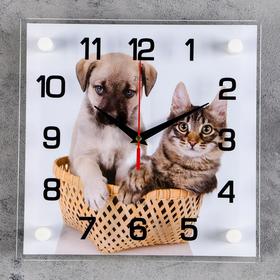 Часы настенные, серия: Животный мир, "Щенок с котенком", плавный ход, 25 х 25 см